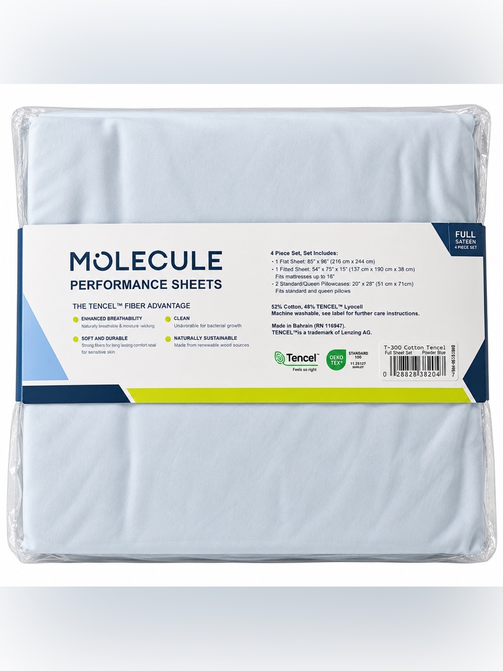 Molecule Performance Sheets Full Tencel Sateen 4 Piece Set Blue NWT